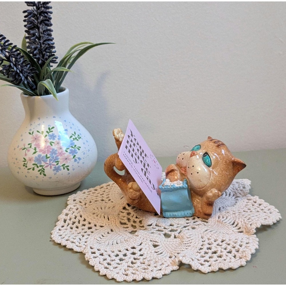 Vintage Ceramic Cat Business Card Holder Cute Kitten Desk‎ Organizer Cottagecore - Picture 3 of 8